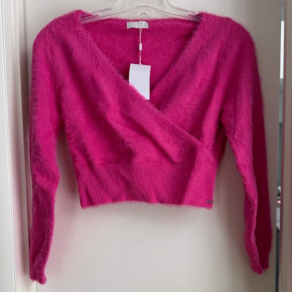 Q2 Fuzzy Wrap Sweater in Pink